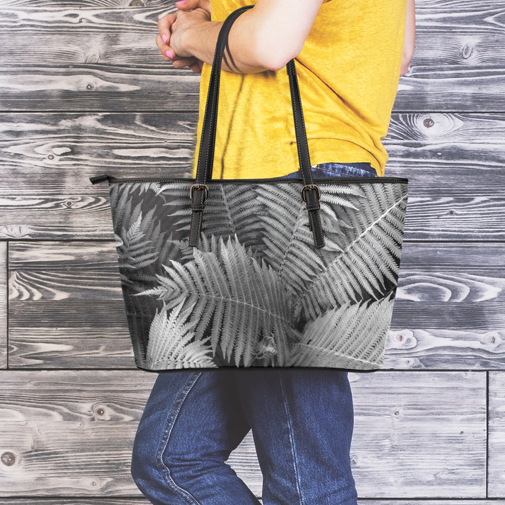 Black And White Fern Leaf Print Leather Tote Bag