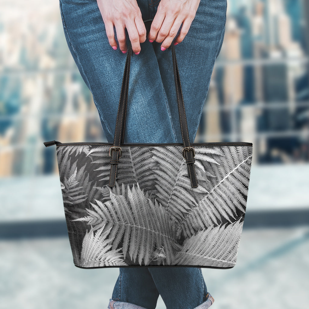 Black And White Fern Leaf Print Leather Tote Bag