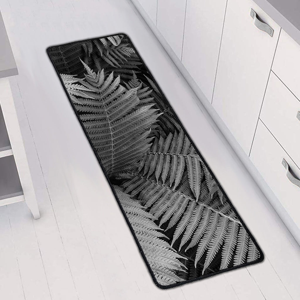 Black And White Fern Leaf Print Long Kitchen Mat