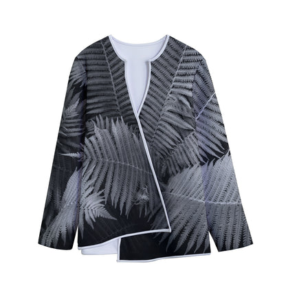 Black And White Fern Leaf Print Long Sleeve Short Coat