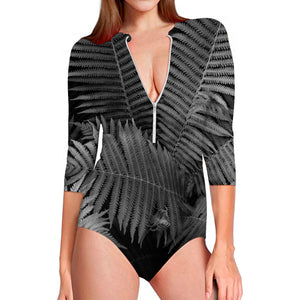 Black And White Fern Leaf Print Long Sleeve Swimsuit