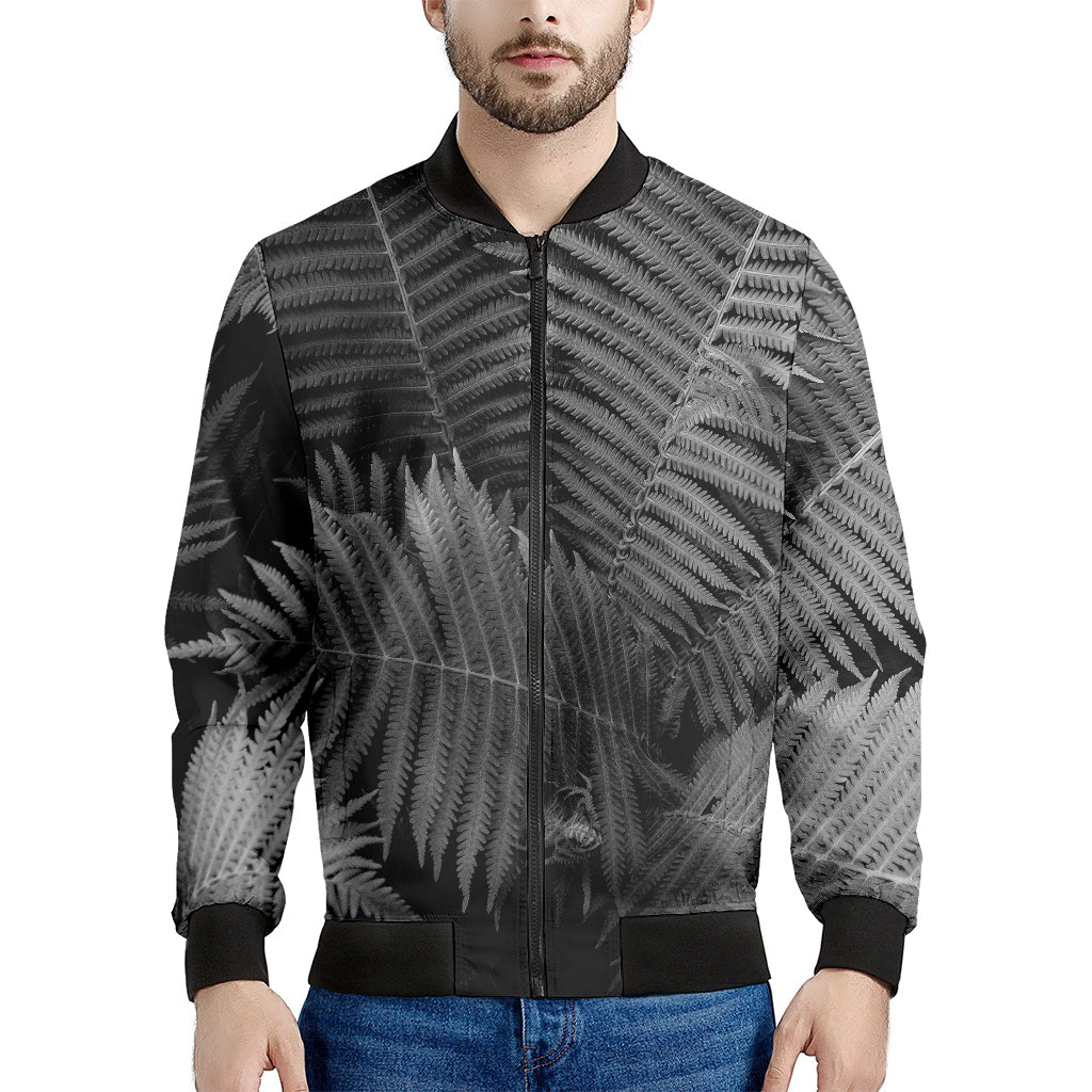 Black And White Fern Leaf Print Men's Bomber Jacket