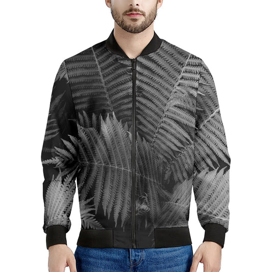 Black And White Fern Leaf Print Men's Bomber Jacket
