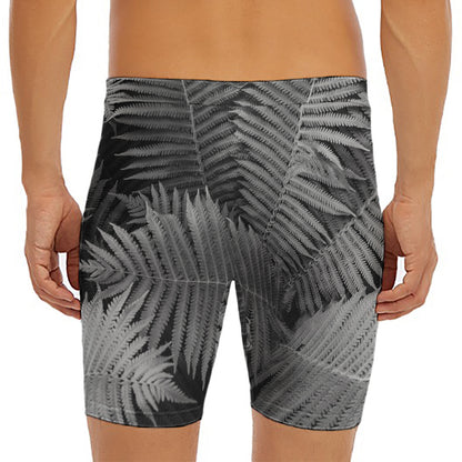 Black And White Fern Leaf Print Men's Long Boxer Briefs