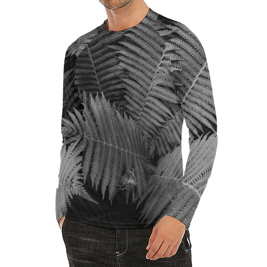 Black And White Fern Leaf Print Men's Long Sleeve Rash Guard