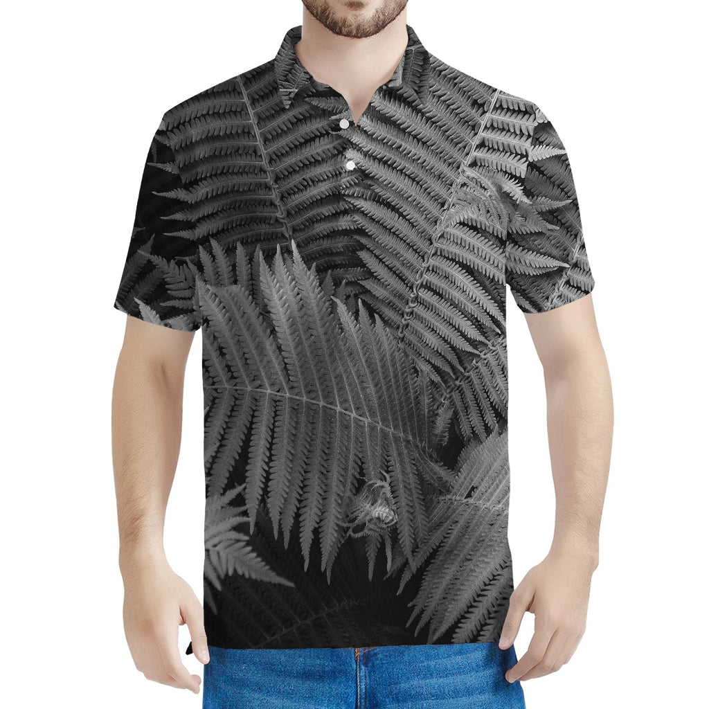 Black And White Fern Leaf Print Men's Polo Shirt