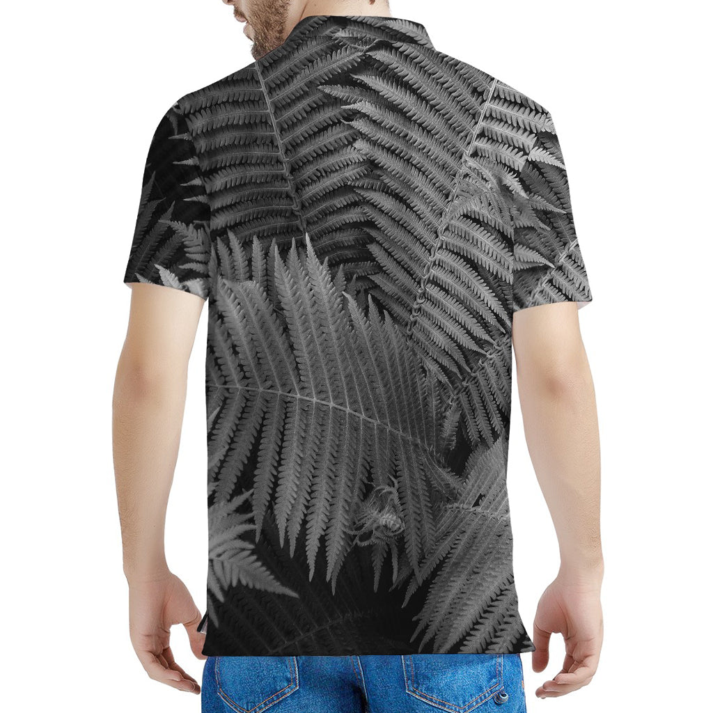 Black And White Fern Leaf Print Men's Polo Shirt