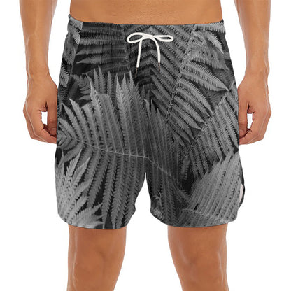Black And White Fern Leaf Print Men's Split Running Shorts
