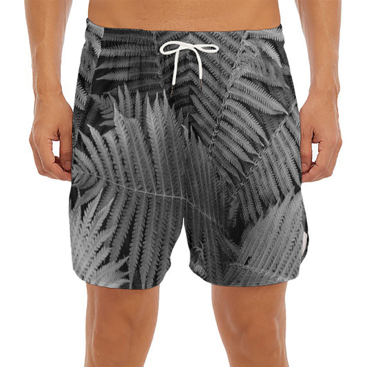 Black And White Fern Leaf Print Men's Split Running Shorts