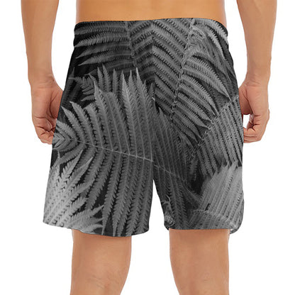 Black And White Fern Leaf Print Men's Split Running Shorts