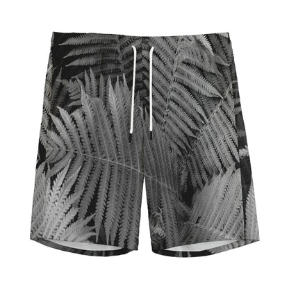 Black And White Fern Leaf Print Men's Sports Shorts