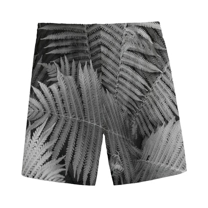 Black And White Fern Leaf Print Men's Sports Shorts
