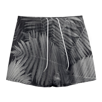 Black And White Fern Leaf Print Mesh Shorts