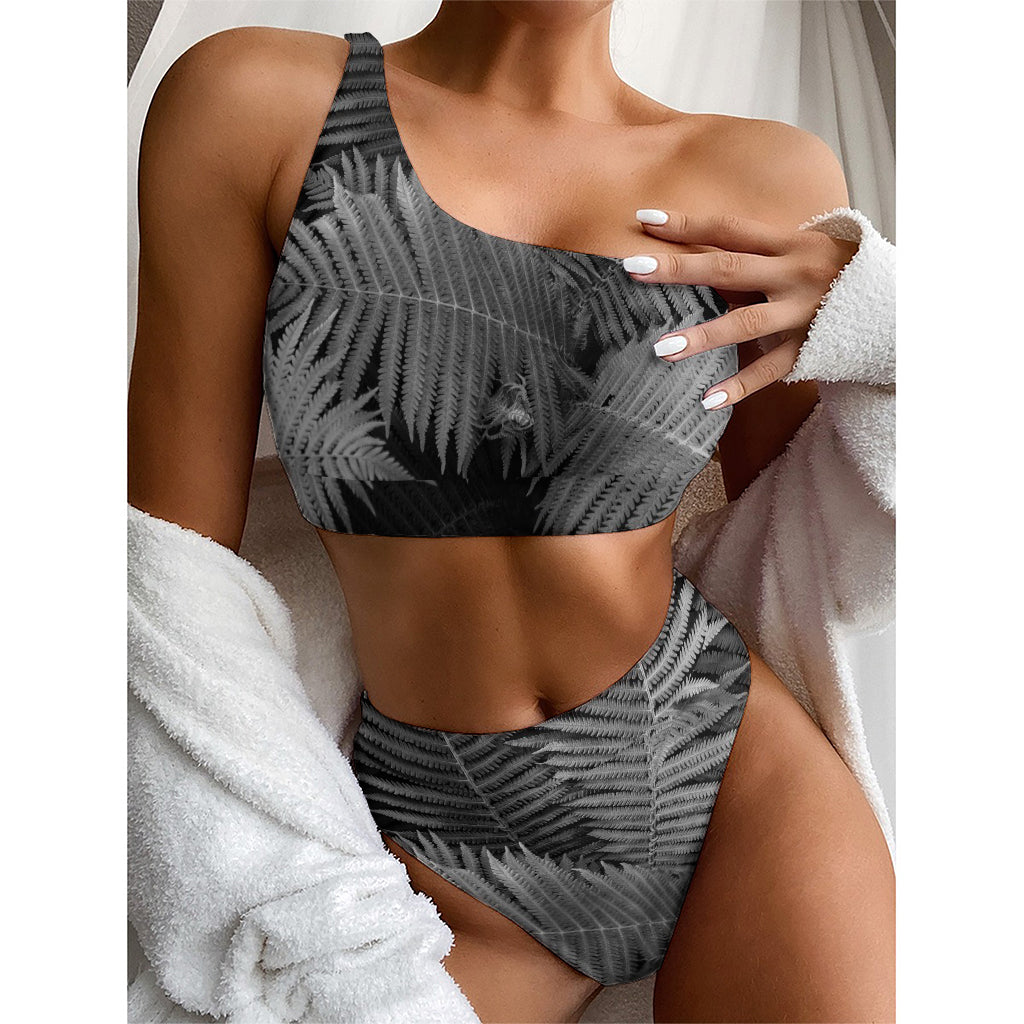 Black And White Fern Leaf Print One Shoulder Bikini Top