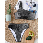 Black And White Fern Leaf Print One Shoulder Bikini Top