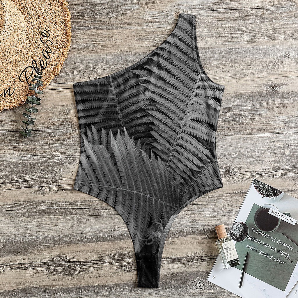 Black And White Fern Leaf Print One Shoulder Bodysuit