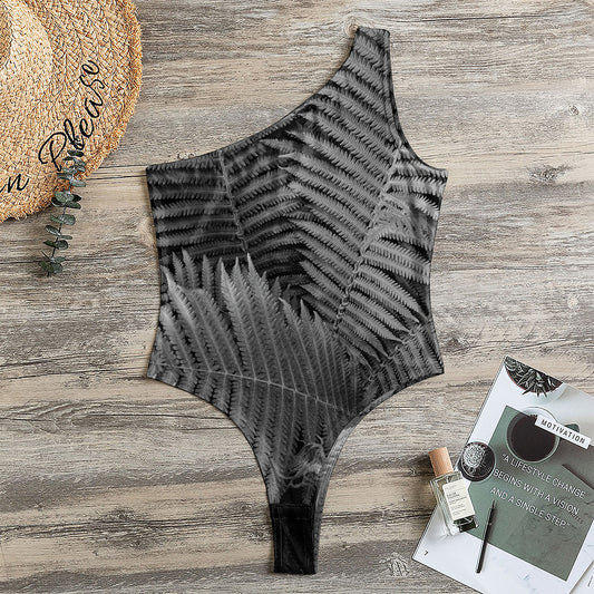 Black And White Fern Leaf Print One Shoulder Bodysuit