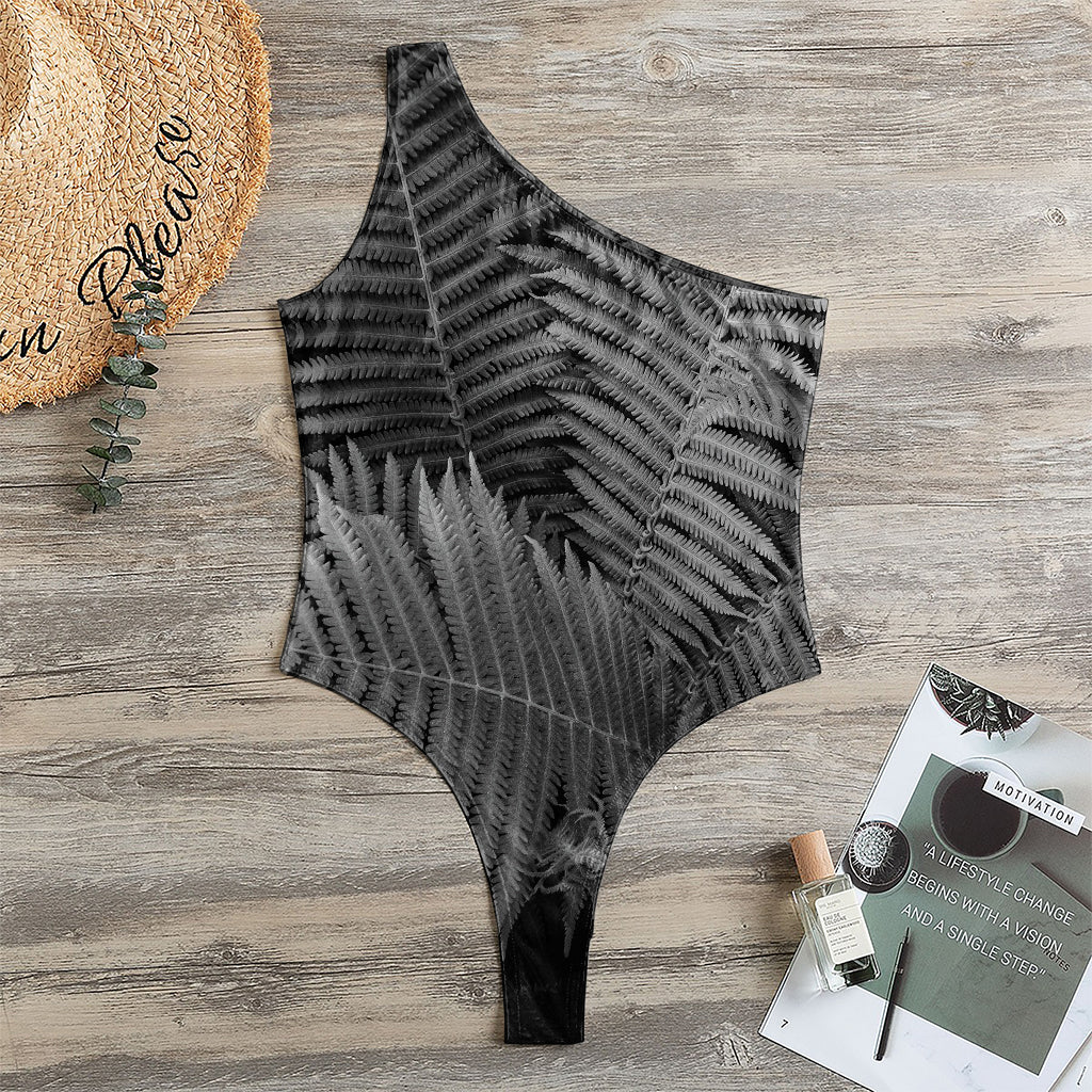 Black And White Fern Leaf Print One Shoulder Bodysuit