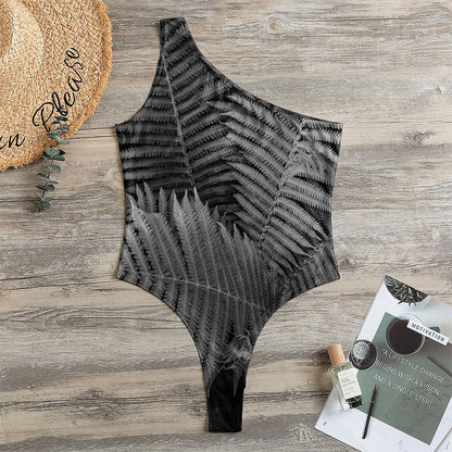 Black And White Fern Leaf Print One Shoulder Bodysuit