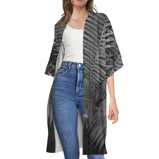 Black And White Fern Leaf Print Open Front Beach Cover Up