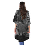 Black And White Fern Leaf Print Open Front Beach Cover Up