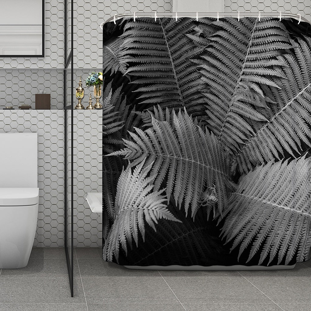 Black And White Fern Leaf Print Polyester Shower Curtain