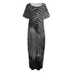 Black And White Fern Leaf Print Short Sleeve Long Nightdress