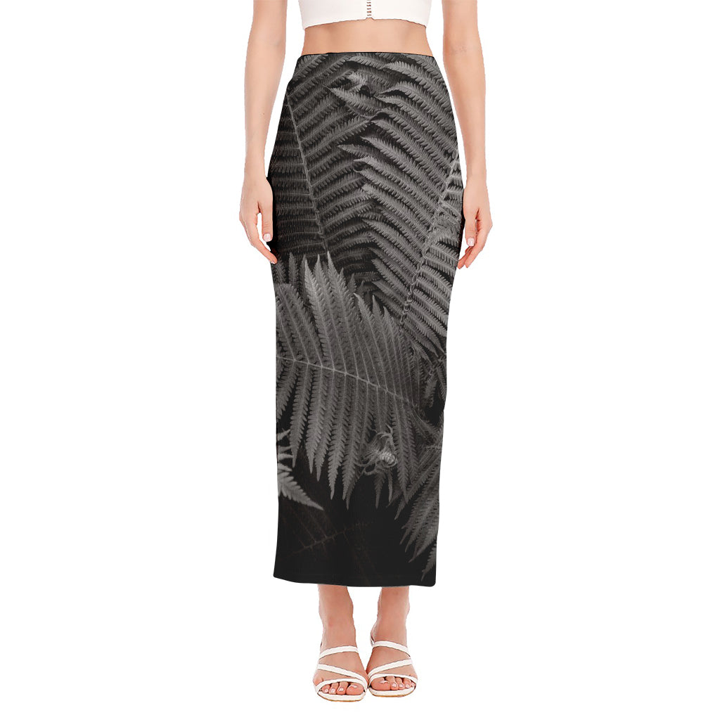 Black And White Fern Leaf Print Side Slit Maxi Skirt