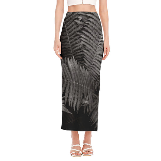 Black And White Fern Leaf Print Side Slit Maxi Skirt