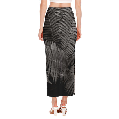 Black And White Fern Leaf Print Side Slit Maxi Skirt