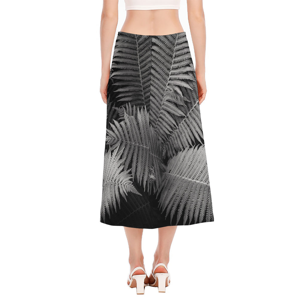 Black And White Fern Leaf Print Side Slit Midi Skirt