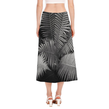 Black And White Fern Leaf Print Side Slit Midi Skirt