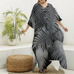 Black And White Fern Leaf Print Silk V-Neck Kaftan Dress