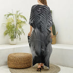 Black And White Fern Leaf Print Silk V-Neck Kaftan Dress