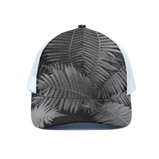 Black And White Fern Leaf Print White Mesh Trucker Cap