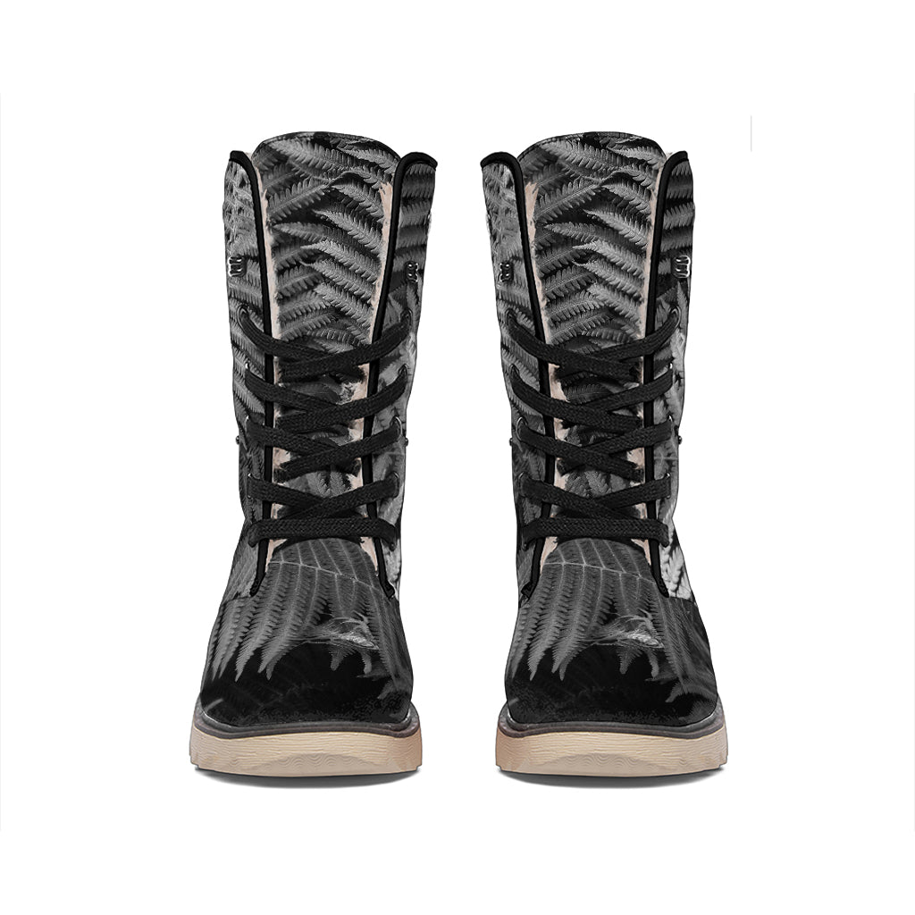 Black And White Fern Leaf Print Winter Boots