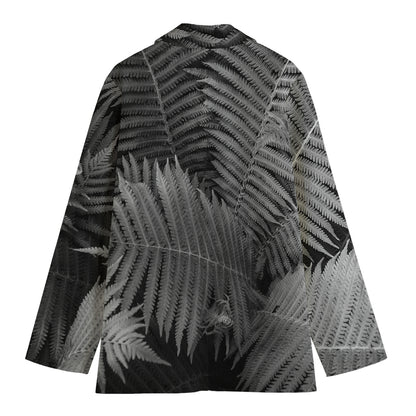 Black And White Fern Leaf Print Women's Cotton Blazer