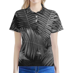 Black And White Fern Leaf Print Women's Polo Shirt