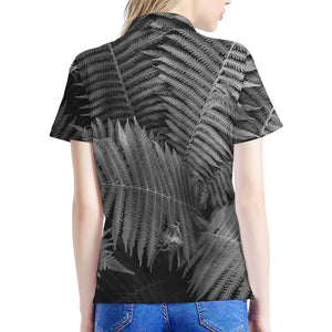 Black And White Fern Leaf Print Women's Polo Shirt