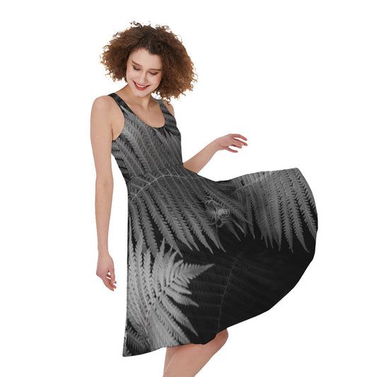 Black And White Fern Leaf Print Women's Sleeveless Dress