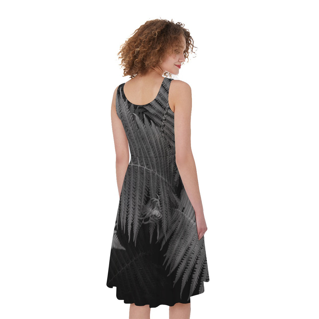 Black And White Fern Leaf Print Women's Sleeveless Dress