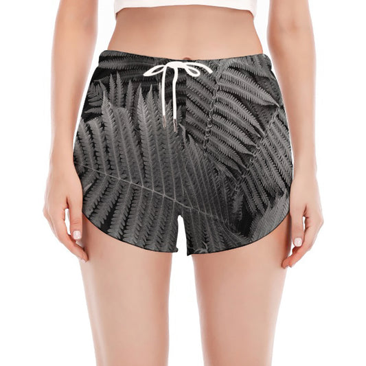 Black And White Fern Leaf Print Women's Split Running Shorts
