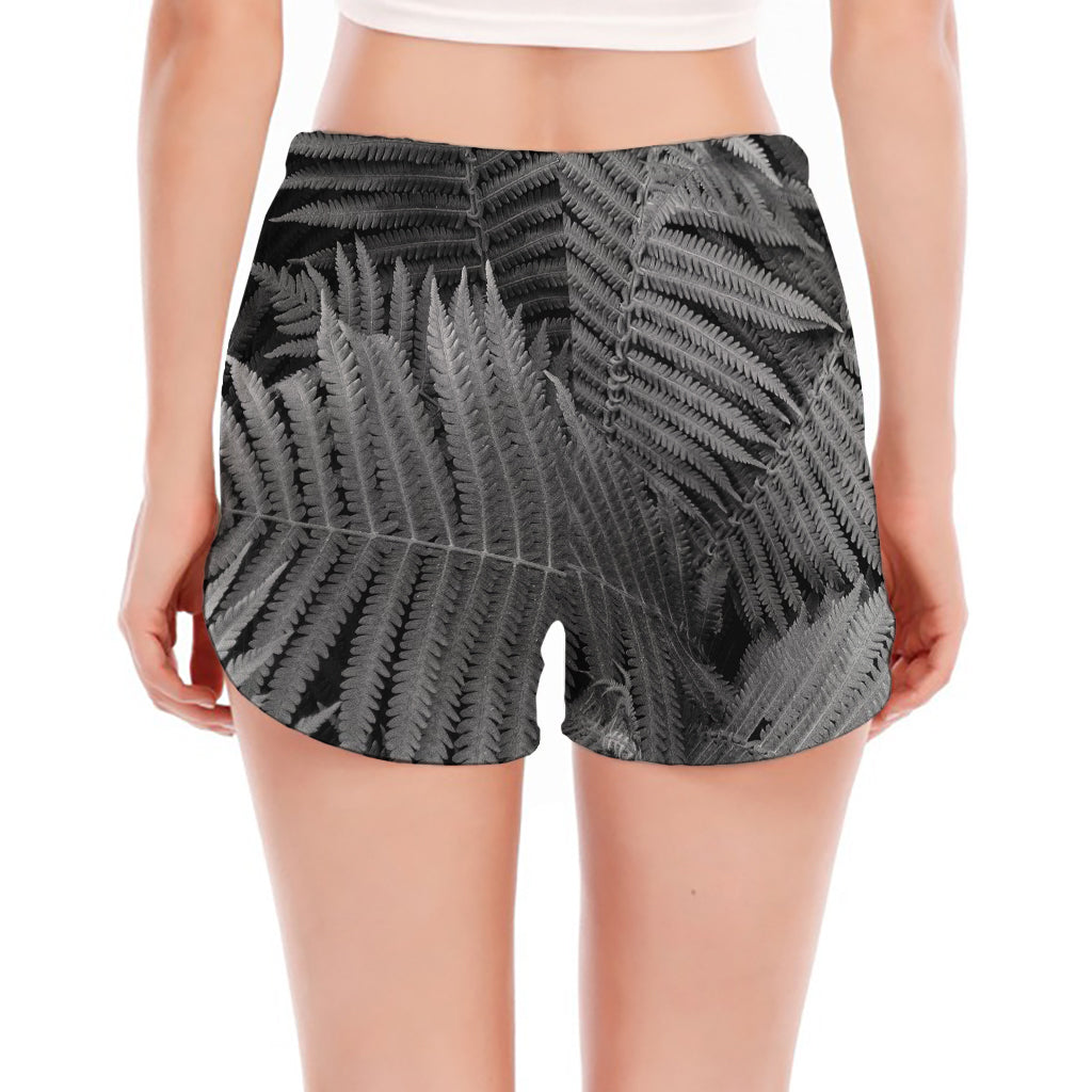 Black And White Fern Leaf Print Women's Split Running Shorts