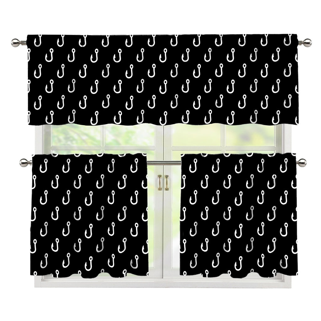 Black And White Fishing Hooks Print 3 Piece Kitchen Curtains