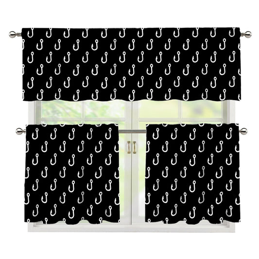 Black And White Fishing Hooks Print 3 Piece Kitchen Curtains