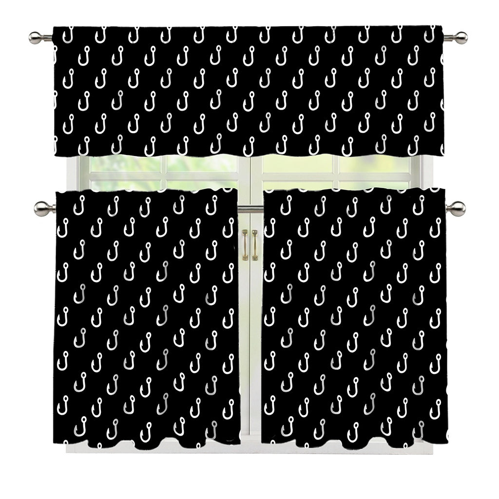Black And White Fishing Hooks Print 3 Piece Kitchen Curtains