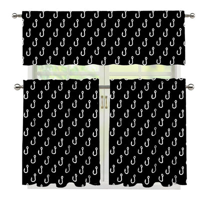 Black And White Fishing Hooks Print 3 Piece Kitchen Curtains