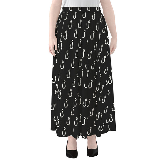Black And White Fishing Hooks Print Chiffon Maxi Skirt