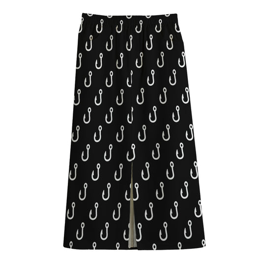 Black And White Fishing Hooks Print Cotton Front Slit Maxi Skirt