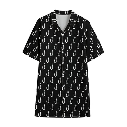 Black And White Fishing Hooks Print Cotton Hawaiian Shirt